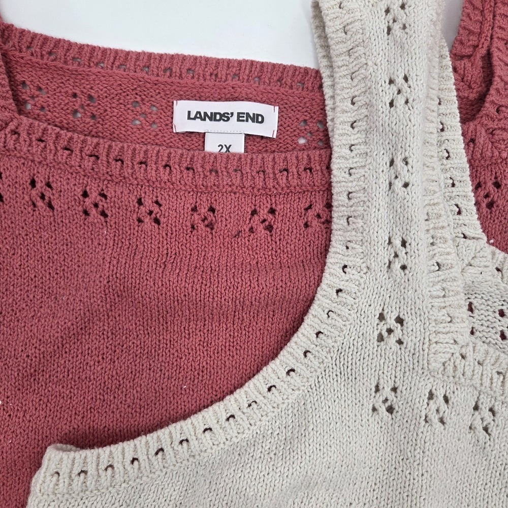 LOT 2 Lands' End Women's 2X Pointelle Square Neck Tank Sweaters Pink Ivory - Picture 2 of 6